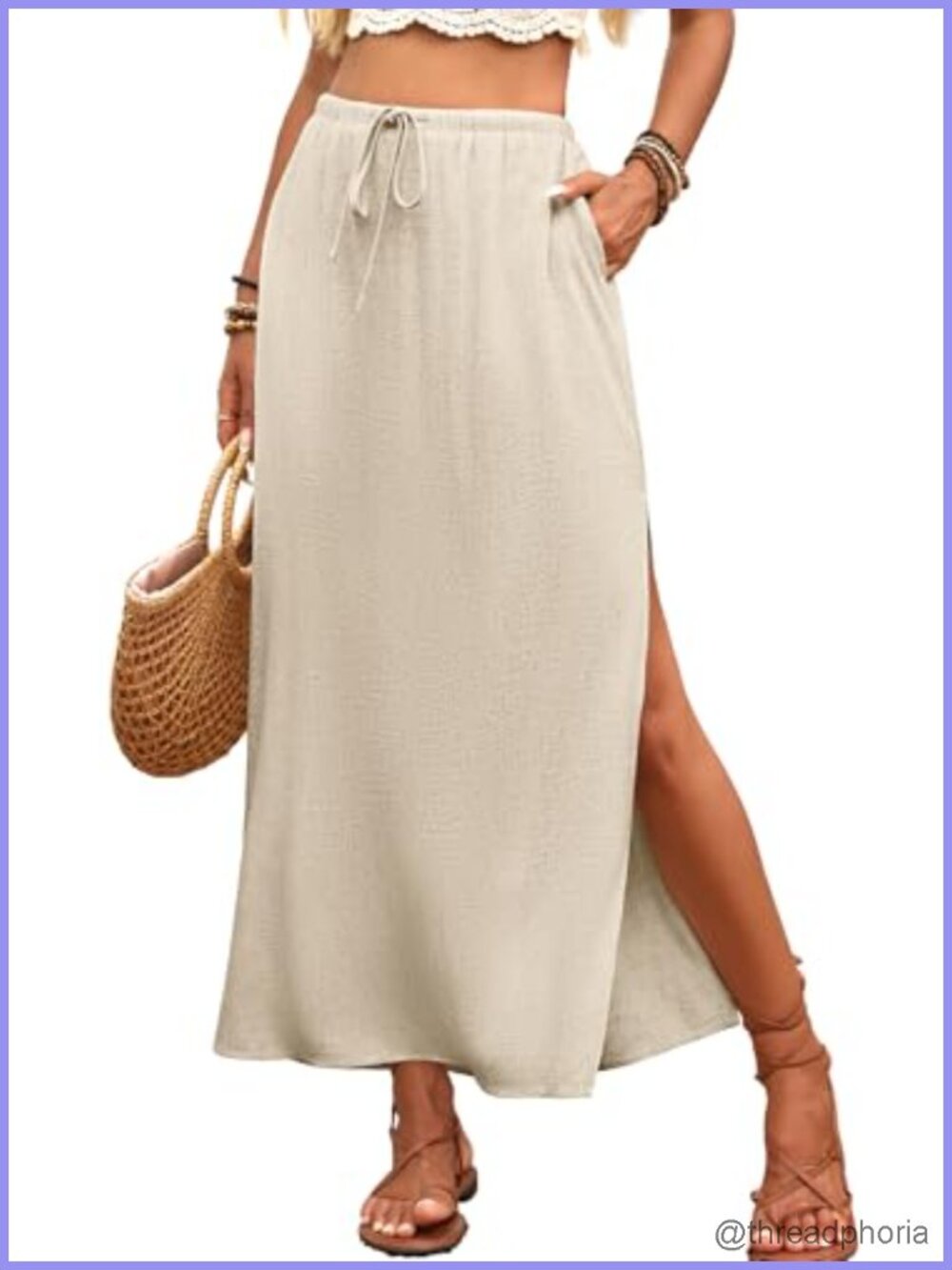 Linen Straight Maxi Skirt with Side Slit - Elastic Waist Drawstring Long Flowy